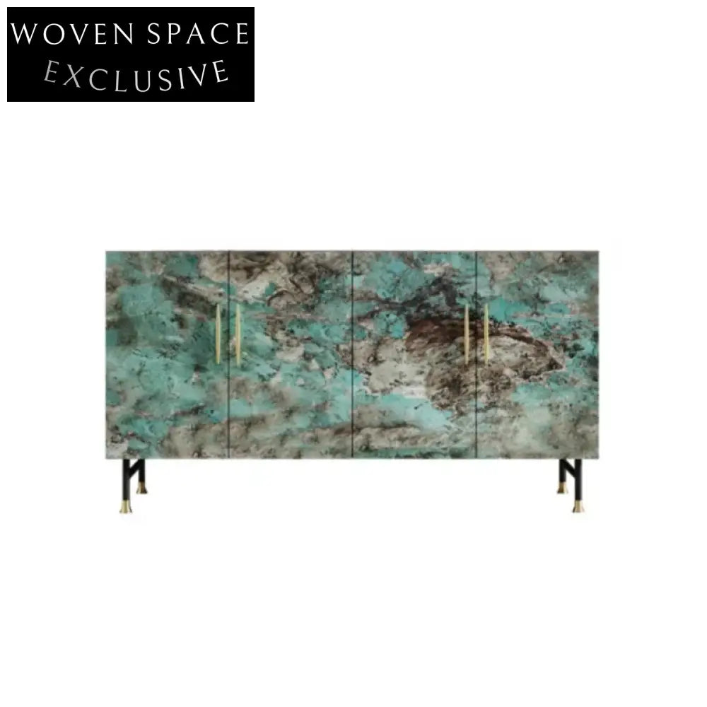 Elegant Modern Marble Top Sideboard Console Cabinet with Steel Frame, Copper Handles