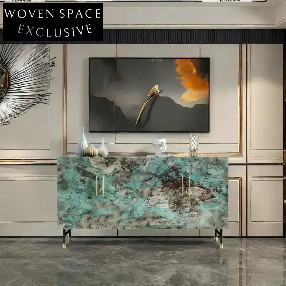 Elegant Modern Marble Top Sideboard Console Cabinet with Steel Frame, Copper Handles