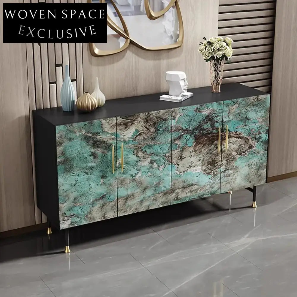 Elegant Modern Marble Top Sideboard Console Cabinet with Steel Frame, Copper Handles
