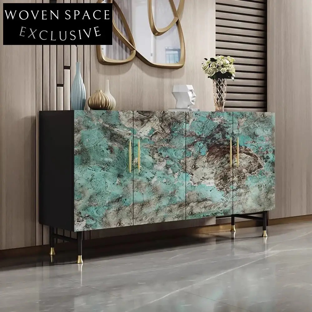 Elegant Modern Marble Top Sideboard Console Cabinet with Steel Frame, Copper Handles
