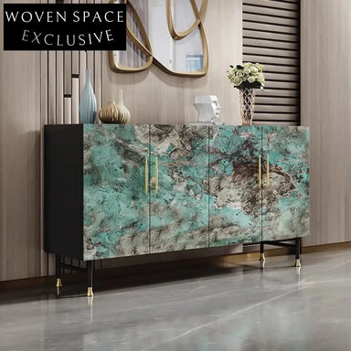 Elegant Modern Marble Top Sideboard Console Cabinet with Steel Frame, Copper Handles