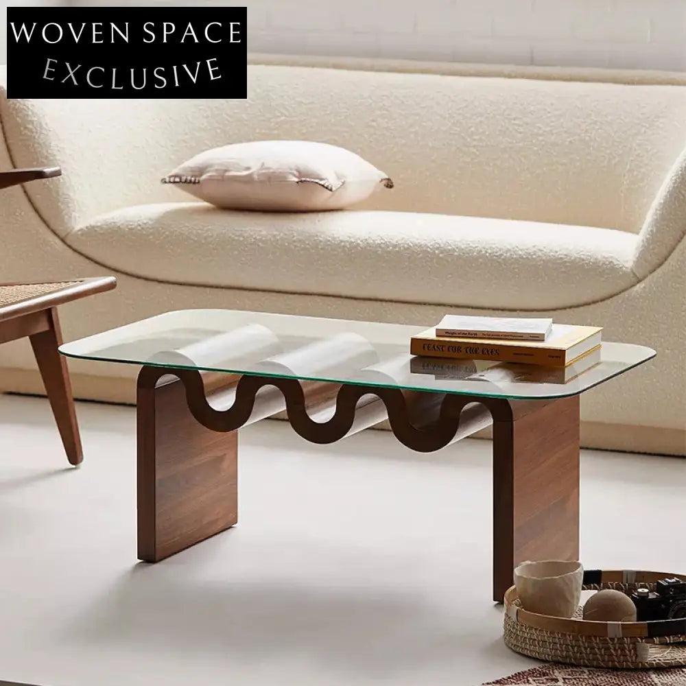 Elegant Modern Nordic Living Room Tempered Glass Top Wooden Base Coffee Table