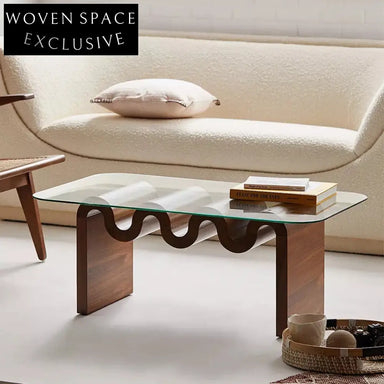 Elegant Modern Nordic Living Room Tempered Glass Top Wooden Base Coffee Table