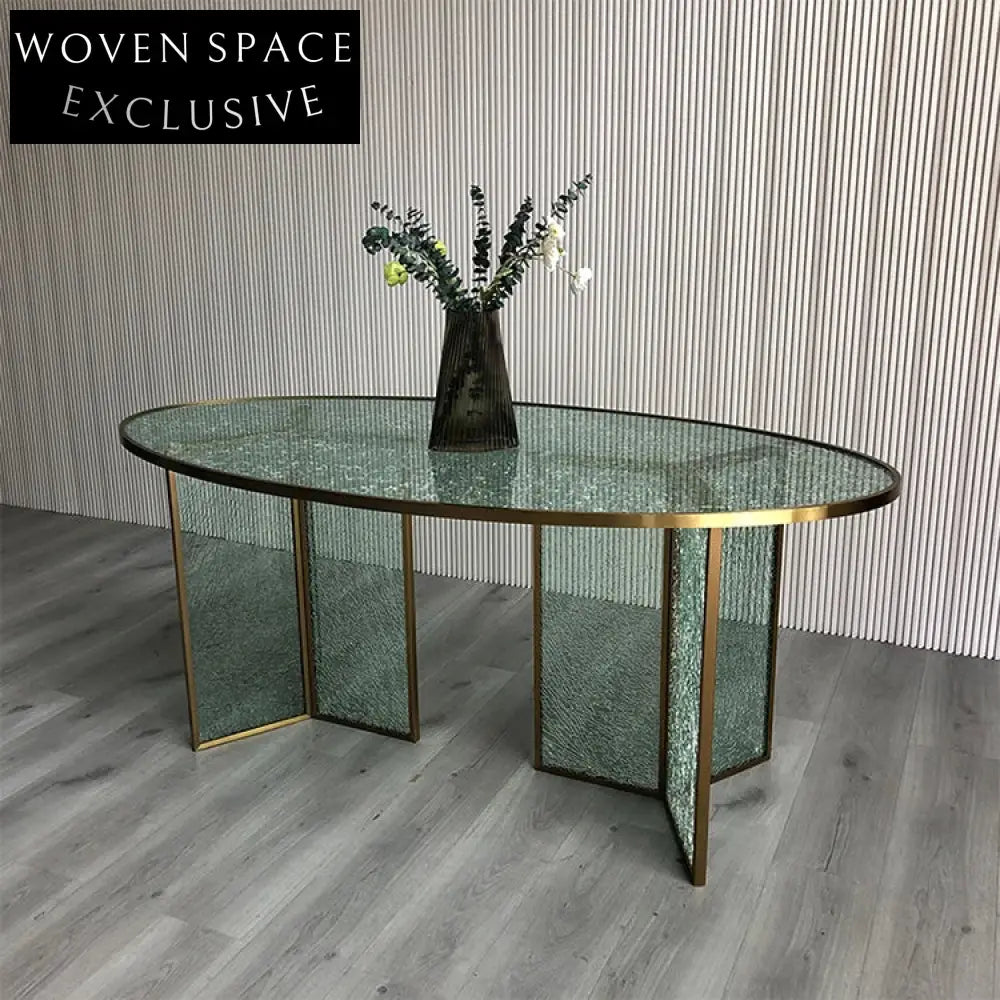 Elegant Modern Oval Glass Dining Table with Gold Metal Edge Design
