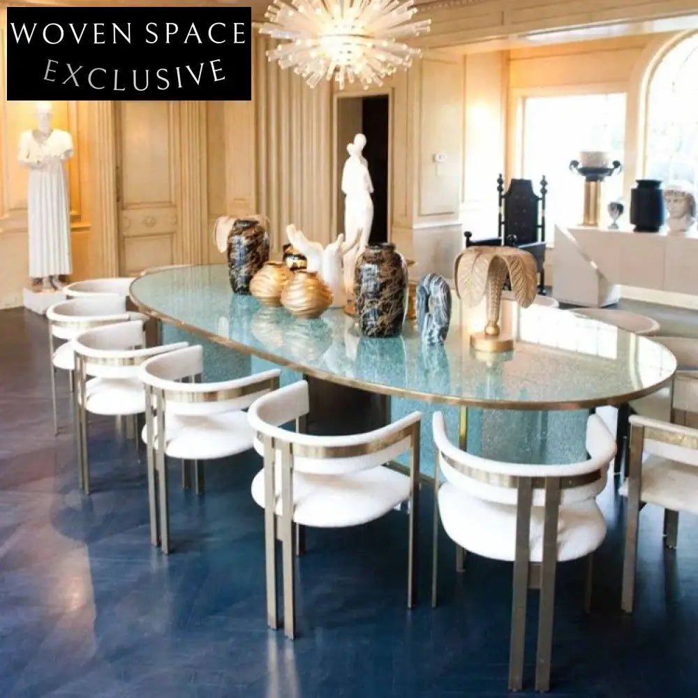 Elegant Modern Oval Glass Dining Table with Gold Metal Edge Design