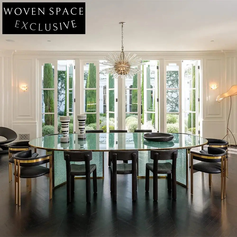 Elegant Modern Oval Glass Dining Table with Gold Metal Edge Design