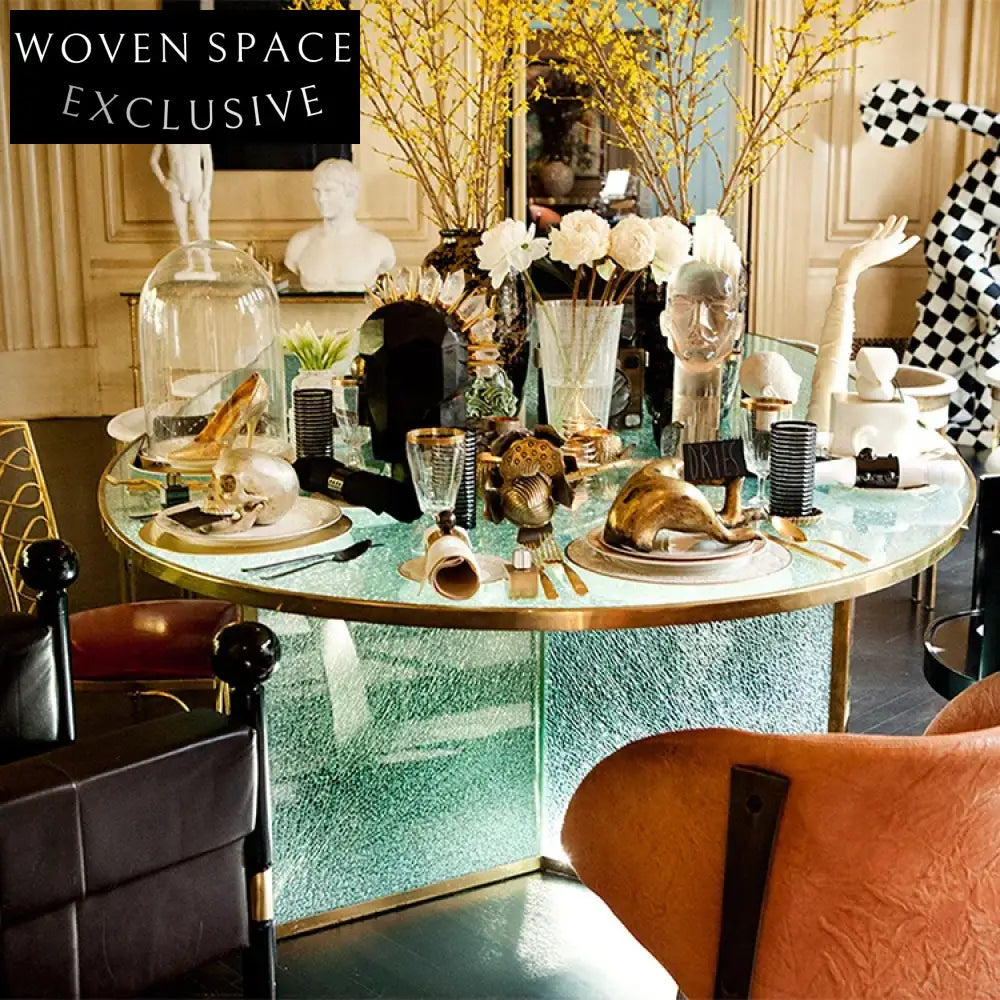 Elegant Modern Oval Glass Dining Table with Gold Metal Edge Design