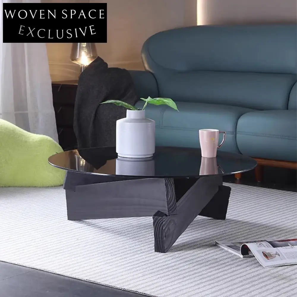 Elegant Modern Round Glass Top Coffee Table with Solid Wood Base