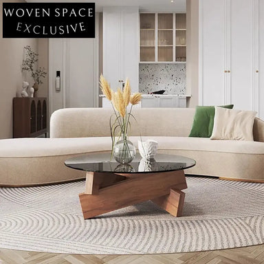 Elegant Modern Round Glass Top Coffee Table with Solid Wood Base