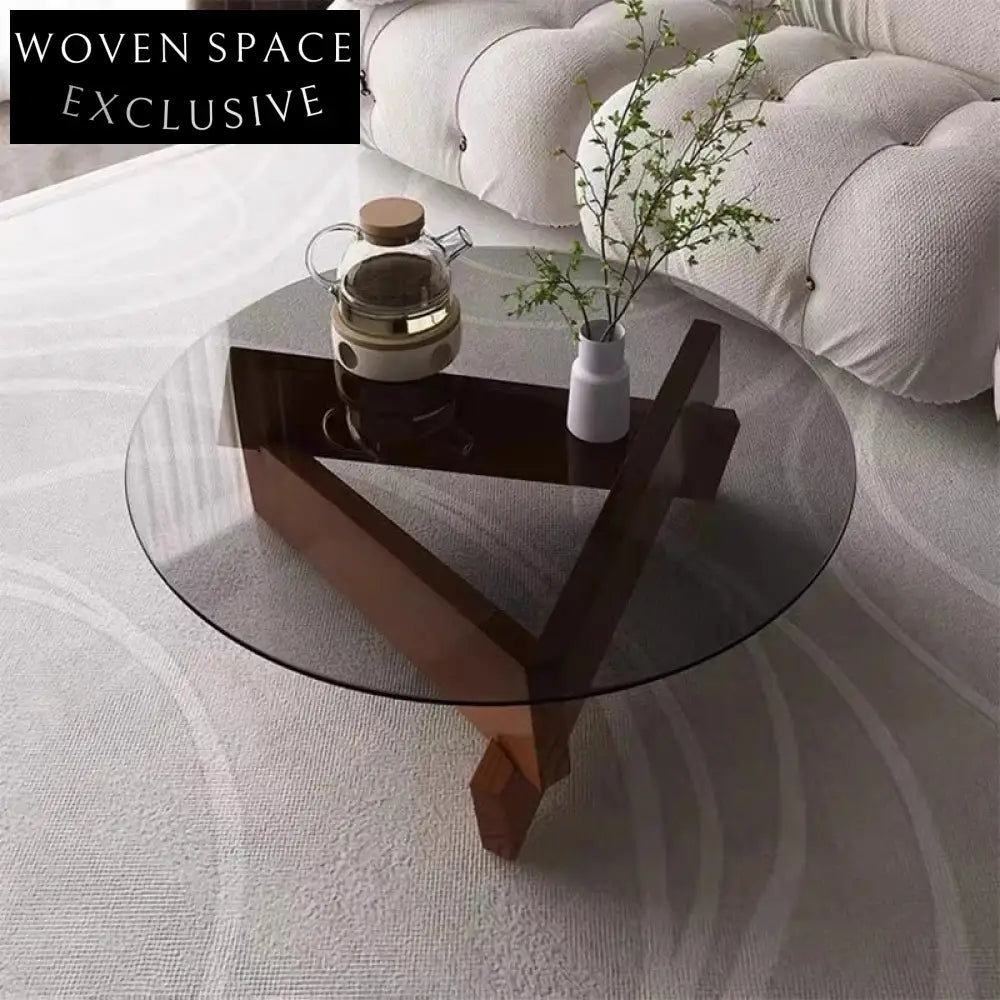 Elegant Modern Round Glass Top Coffee Table with Solid Wood Base