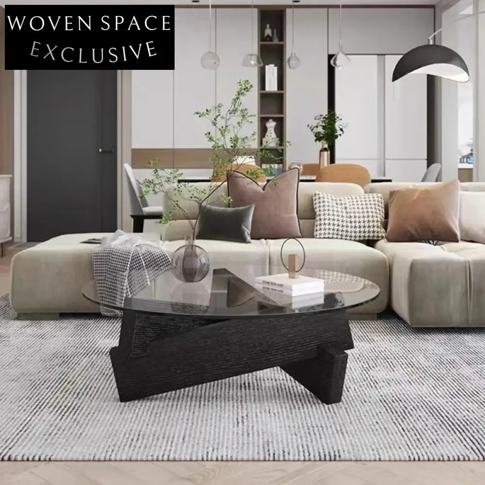 Elegant Modern Round Glass Top Coffee Table with Solid Wood Base