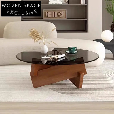 Elegant Modern Round Glass Top Coffee Table with Solid Wood Base