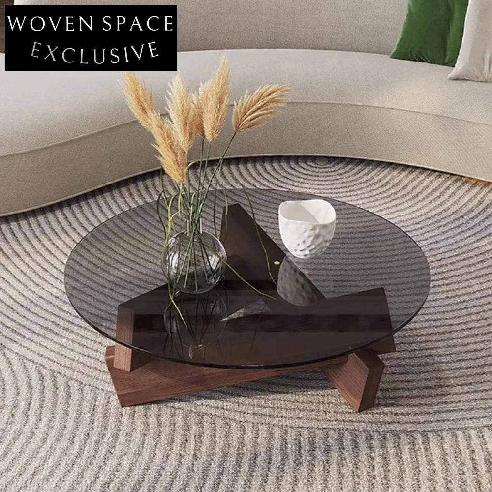 Elegant Modern Round Glass Top Coffee Table with Solid Wood Base