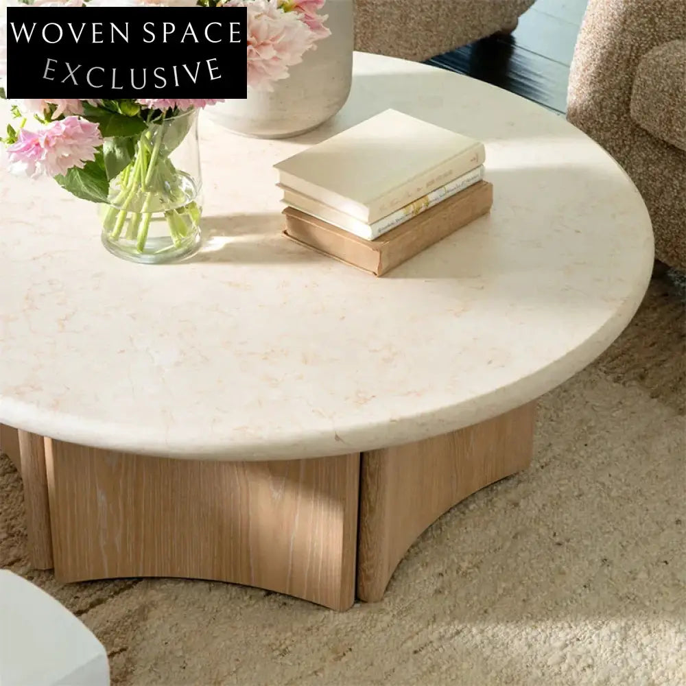 Elegant Modern Round Marble Travertine Stone Coffee Table with Solid Wood Base