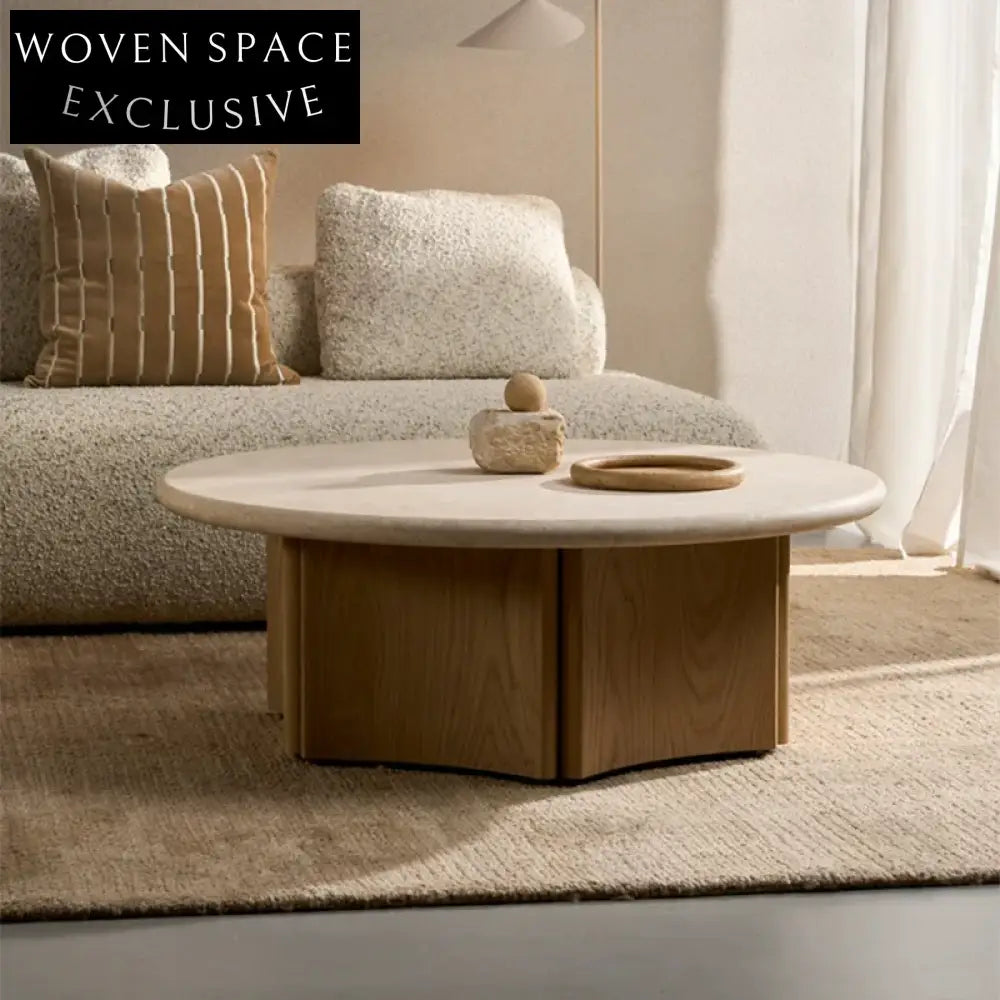 Elegant Modern Round Marble Travertine Stone Coffee Table with Solid Wood Base
