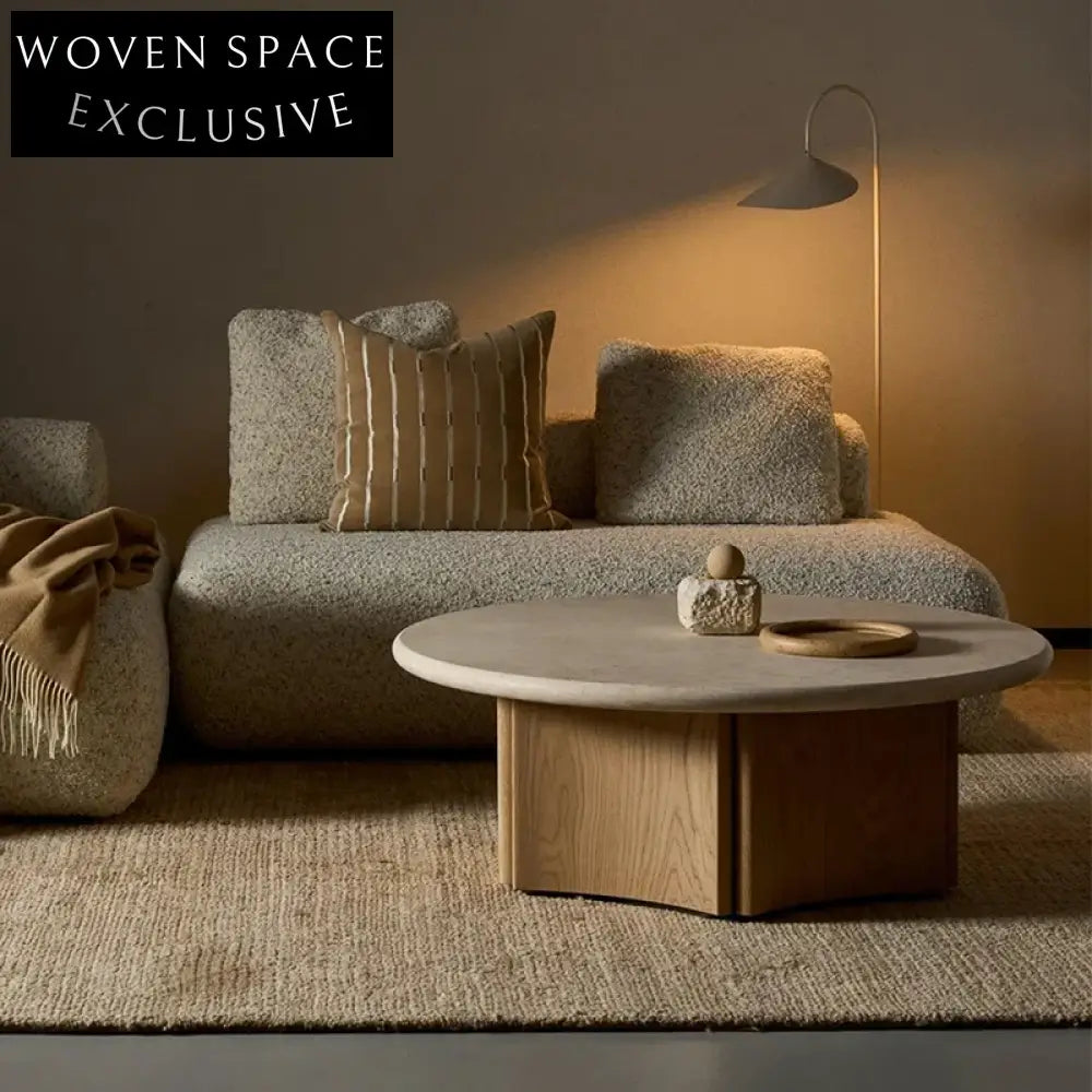 Elegant Modern Round Marble Travertine Stone Coffee Table with Solid Wood Base