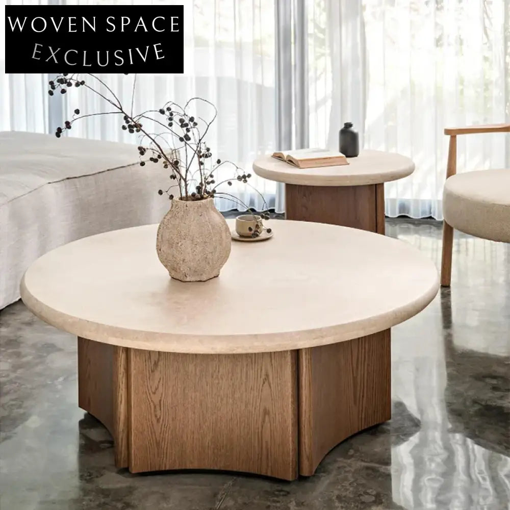 Elegant Modern Round Marble Travertine Stone Coffee Table with Solid Wood Base