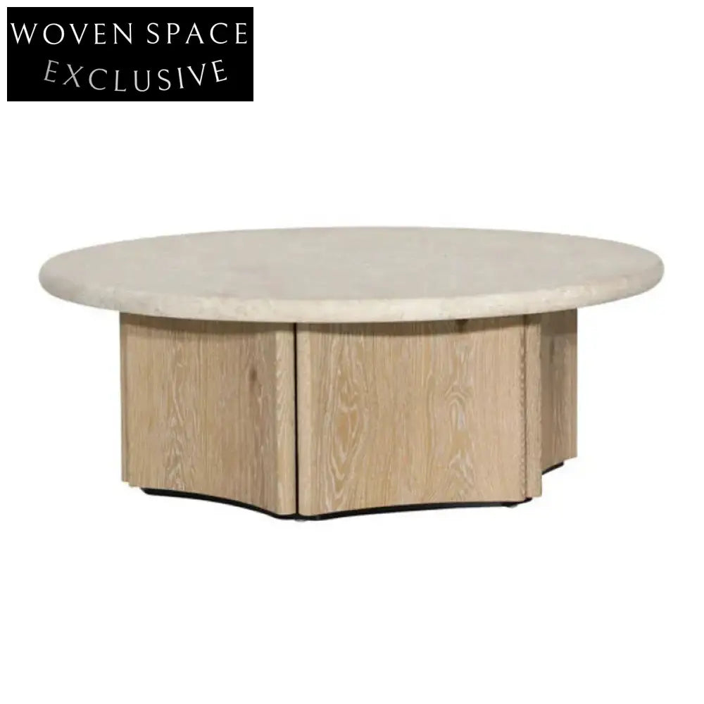 Elegant Modern Round Marble Travertine Stone Coffee Table with Solid Wood Base