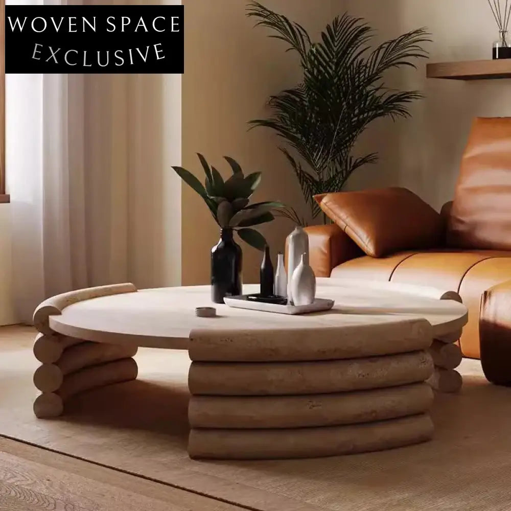 Elegant Modern Round Travertine Stone Living Room Center Coffee Table