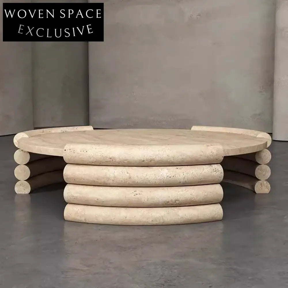 Elegant Modern Round Travertine Stone Living Room Center Coffee Table