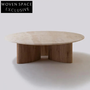 Elegant Modern Round Travertine Top Solid Wood Base Coffee Table