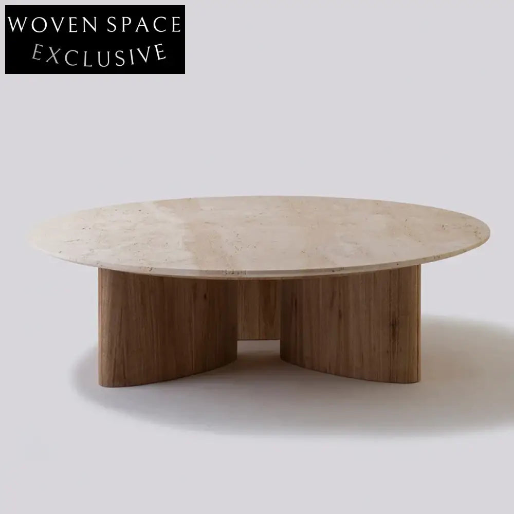 Elegant Modern Round Travertine Top Solid Wood Base Coffee Table