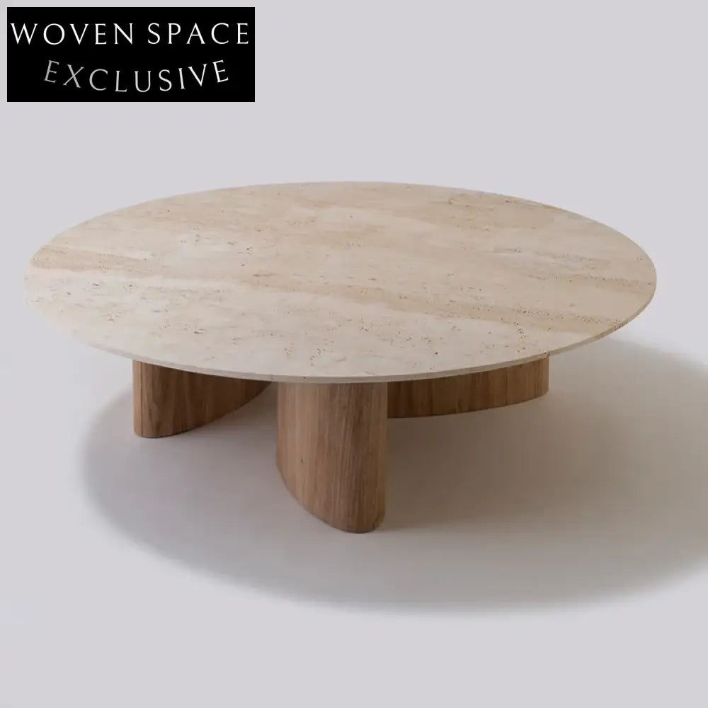 Elegant Modern Round Travertine Top Solid Wood Base Coffee Table