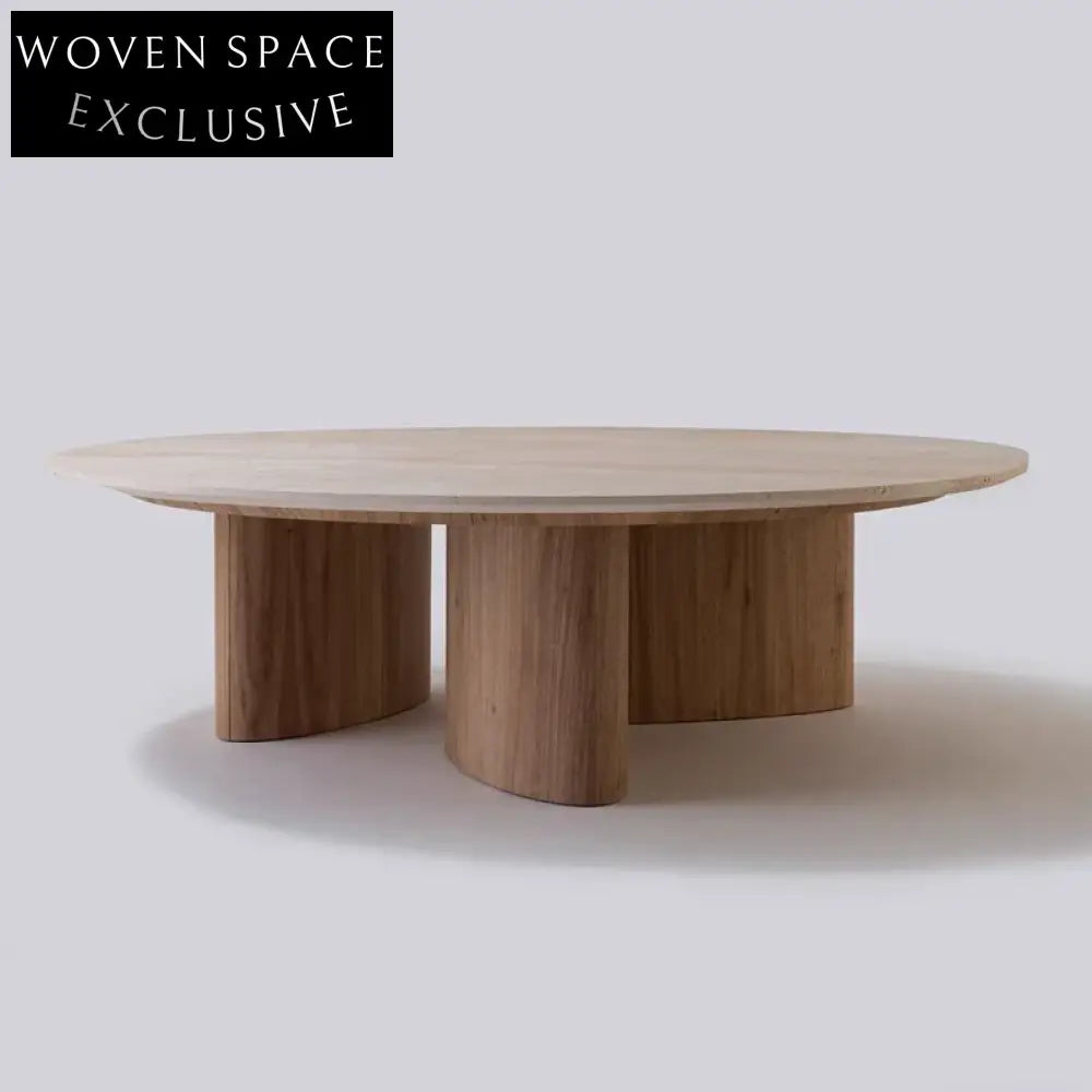 Elegant Modern Round Travertine Top Solid Wood Base Coffee Table
