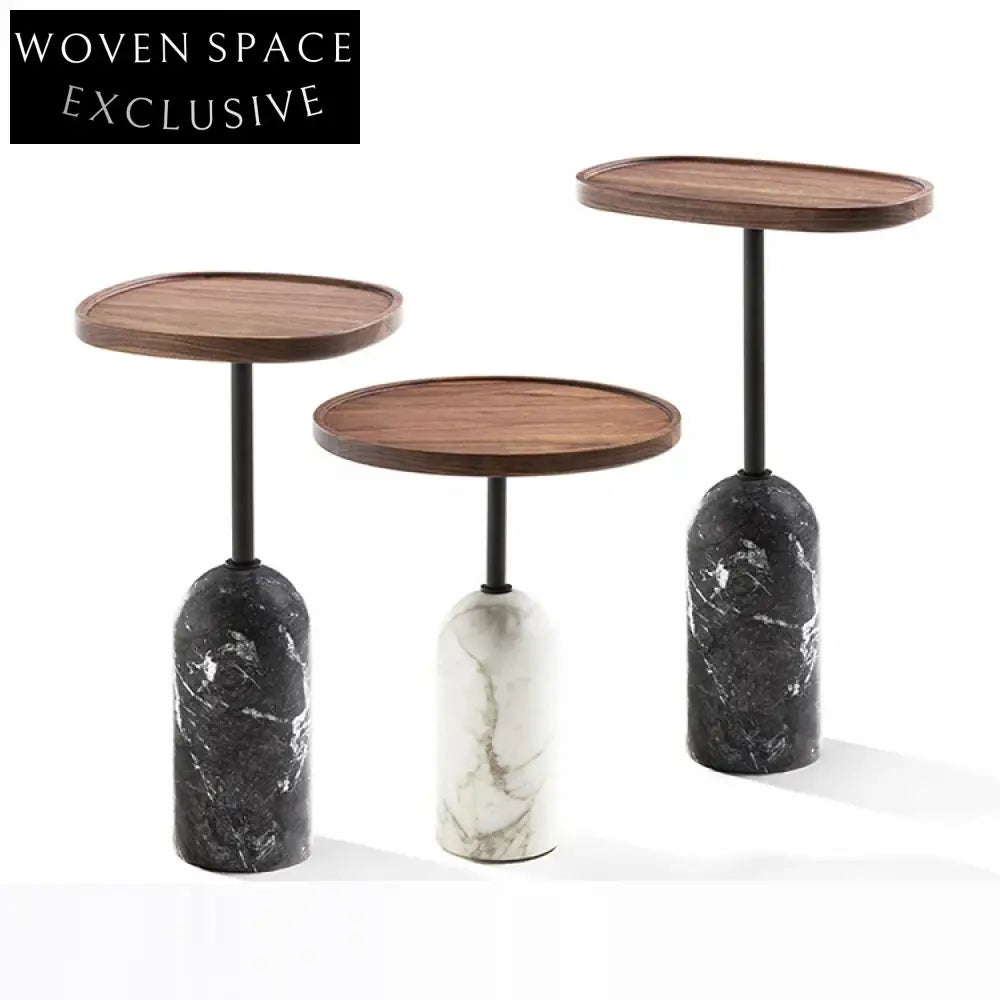 Elegant Modern Round Wooden Top Side Coffee Table with Sturdy Marble Base