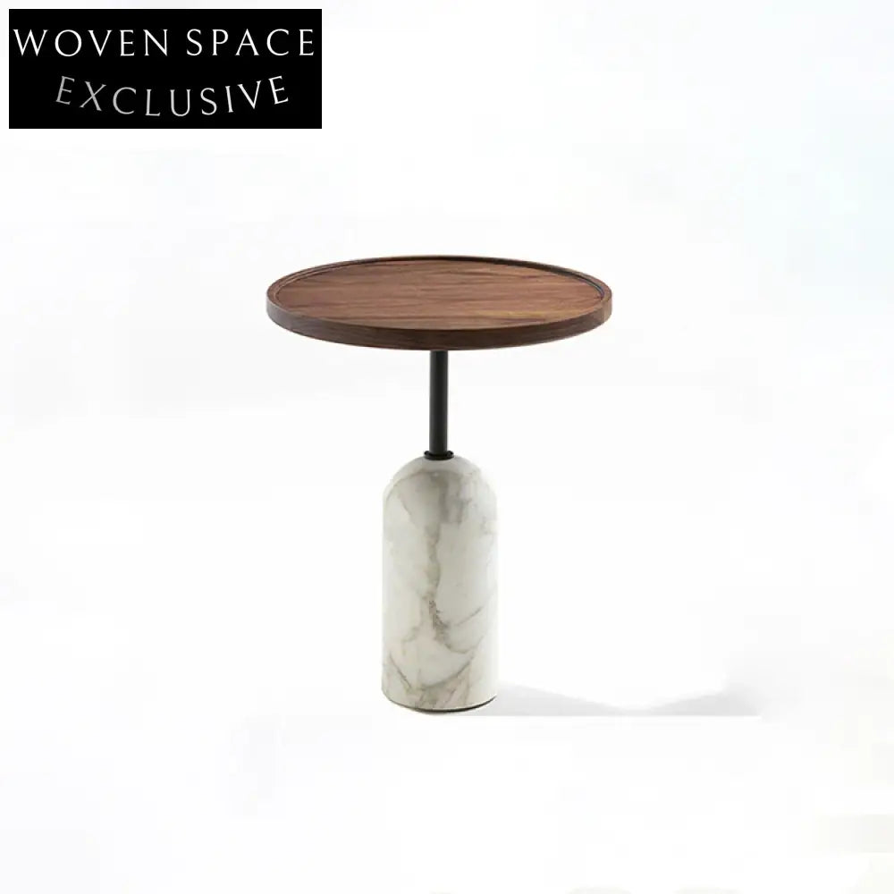 Elegant Modern Round Wooden Top Side Coffee Table with Sturdy Marble Base
