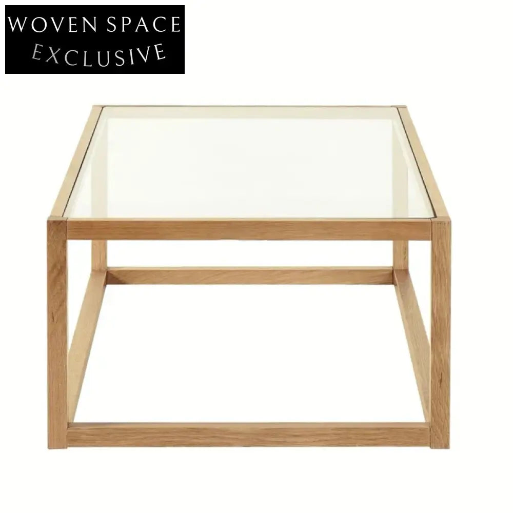 Modern Solid Oak Wood Glass Top Coffee Table for Contemporary Living Room