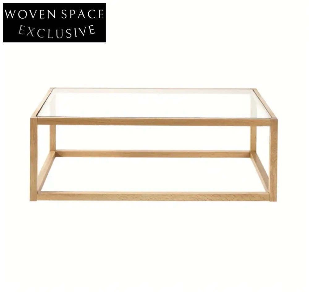 Modern Solid Oak Wood Glass Top Coffee Table for Contemporary Living Room
