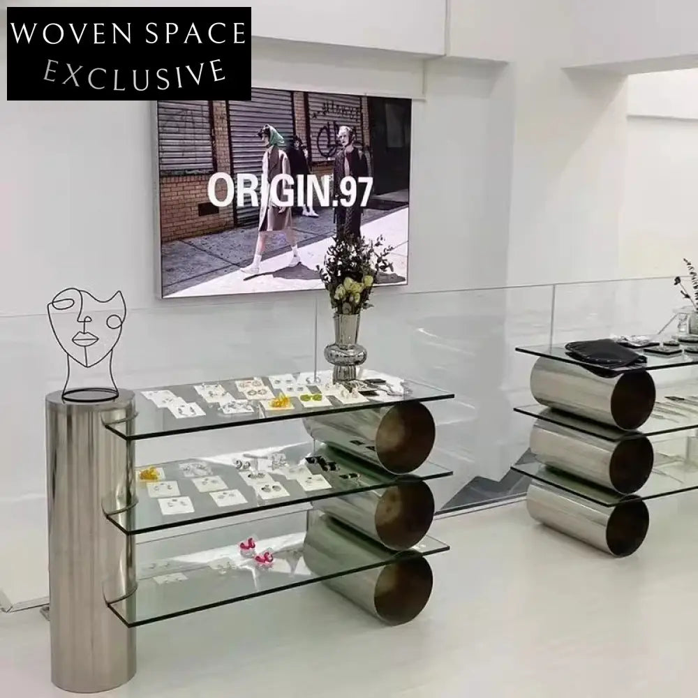 Elegant Modern Stainless Steel Glass Pillar Display Console Cabinet for Entryway