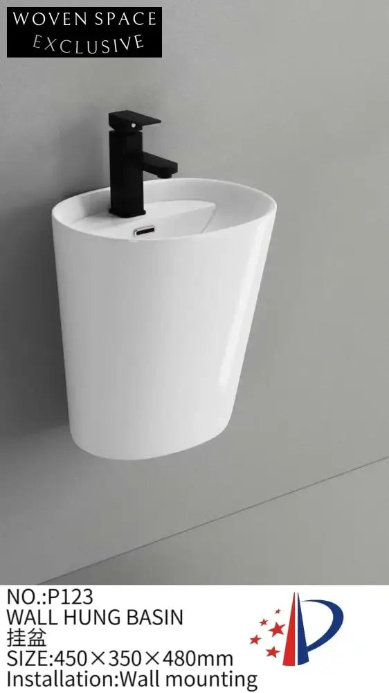 Elegant Modern White Ceramic Wall Hung Bathroom Wash Basin with Half Pedestal
