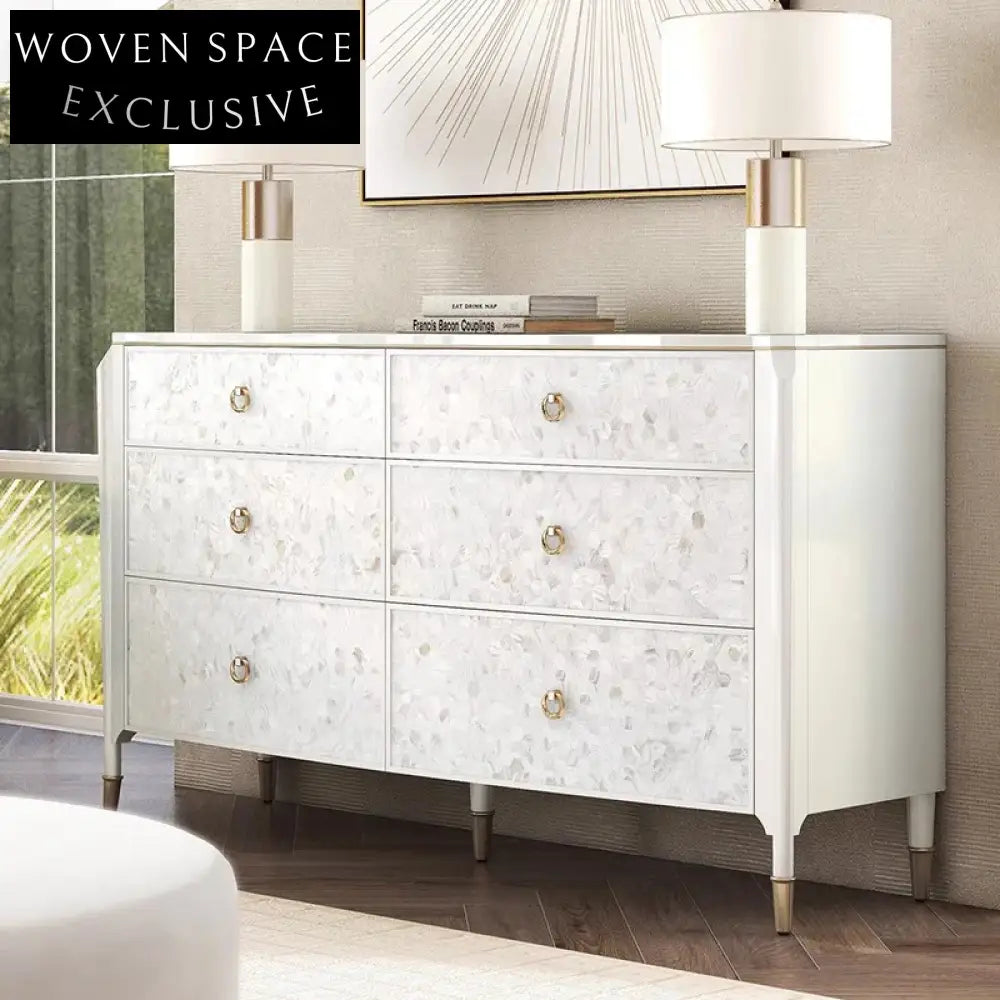 Elegant Nacre Inlaid Solid Wood Console Cabinet with Six Drawers for Entryway Storage
