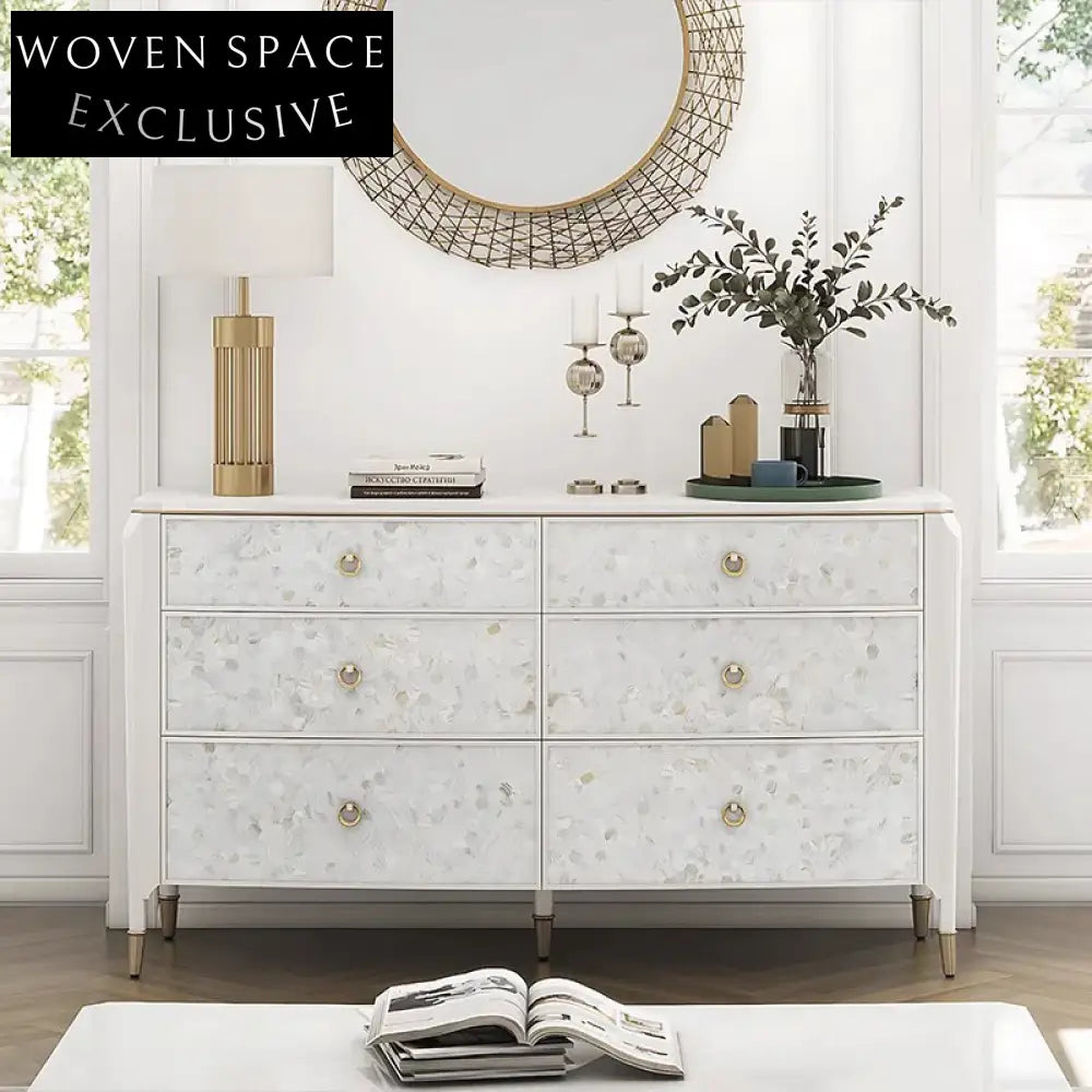 Elegant Nacre Inlaid Solid Wood Console Cabinet with Six Drawers for Entryway Storage