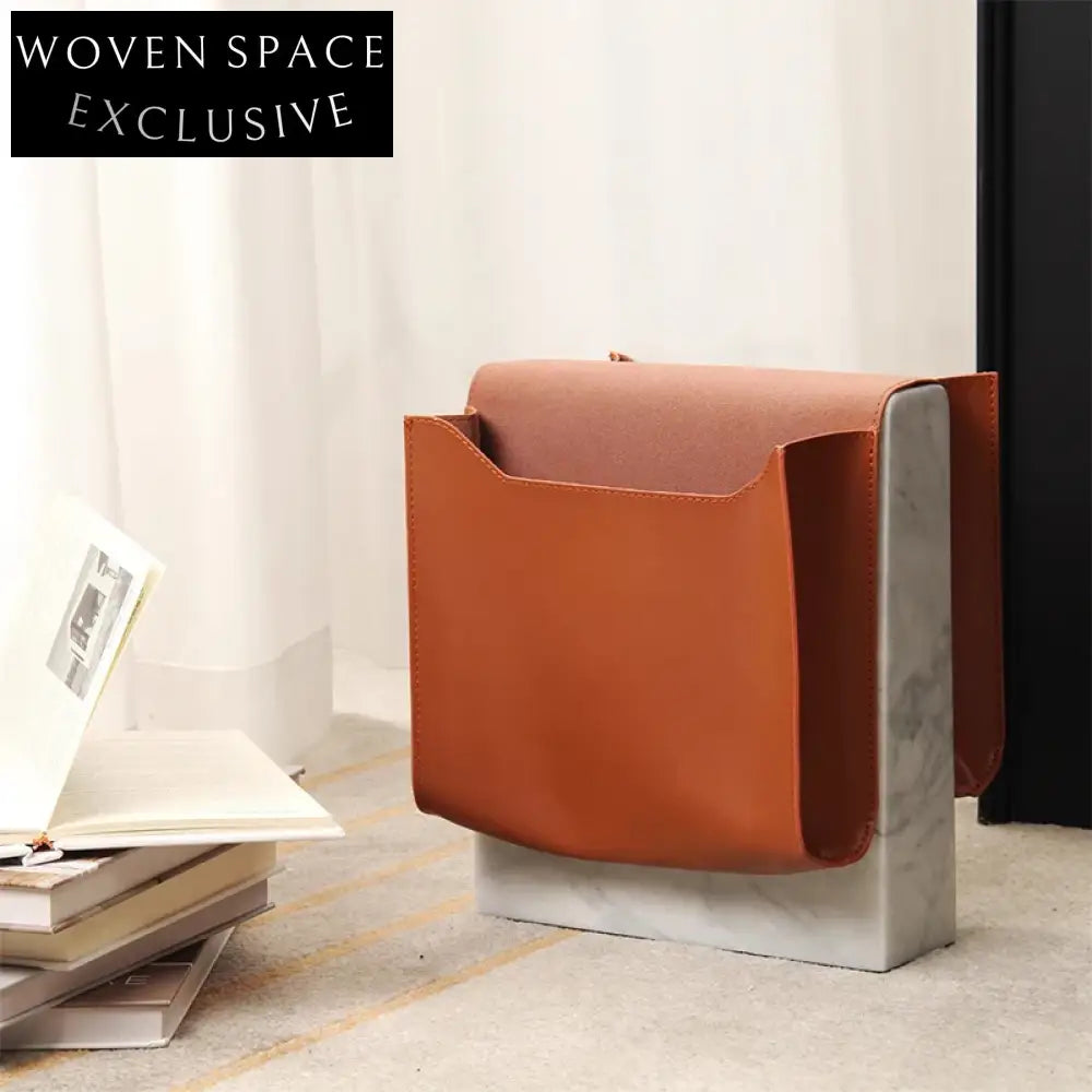 Elegant Natural Marble Corner End Table with Integrated Magazine Rack Storage