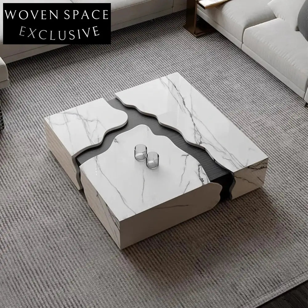 Elegant Natural Marble Square Coffee Table, Italian Minimalist Cracked Stone Design Centerpiece