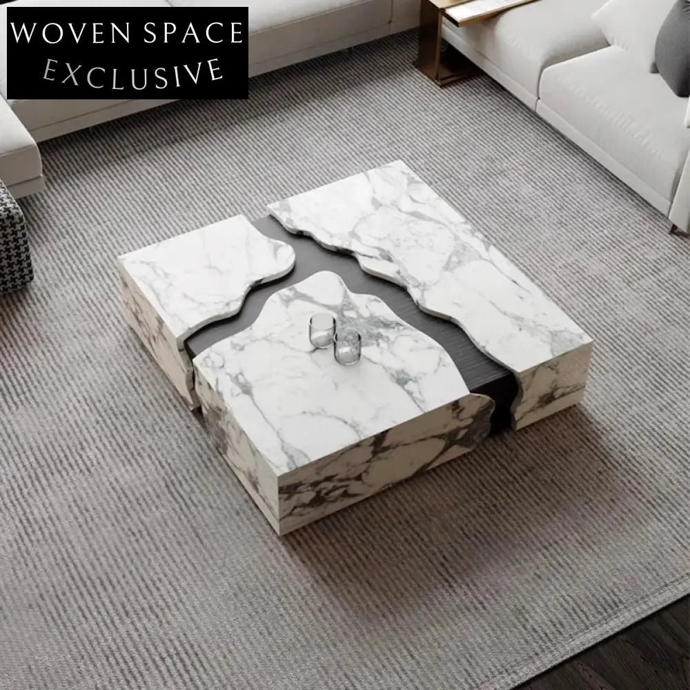 Elegant Natural Marble Square Coffee Table, Italian Minimalist Cracked Stone Design Centerpiece