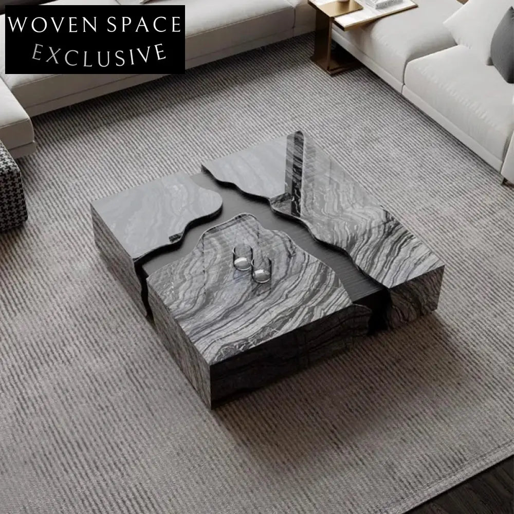 Elegant Natural Marble Square Coffee Table, Italian Minimalist Cracked Stone Design Centerpiece