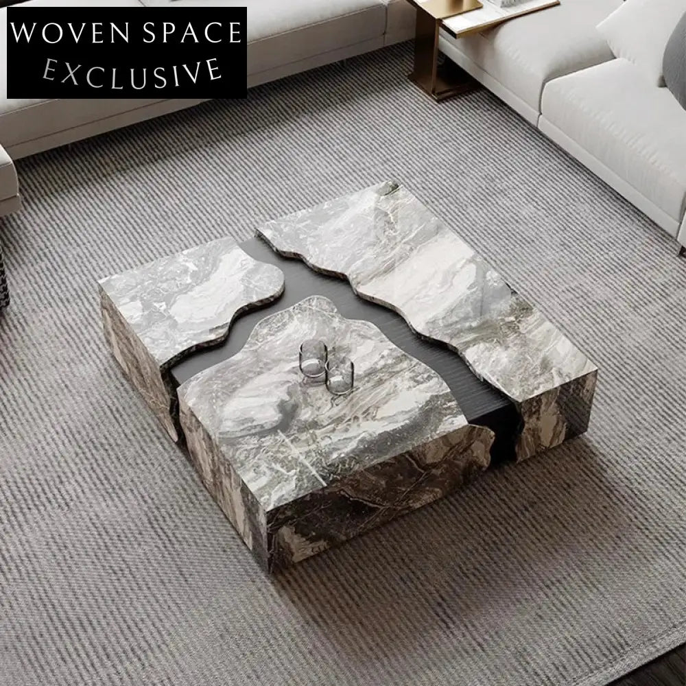 Elegant Natural Marble Square Coffee Table, Italian Minimalist Cracked Stone Design Centerpiece