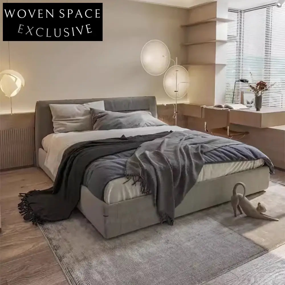 Elegant Natural Solid Wood Fabric Upholstered Queen Size Comfort Bed