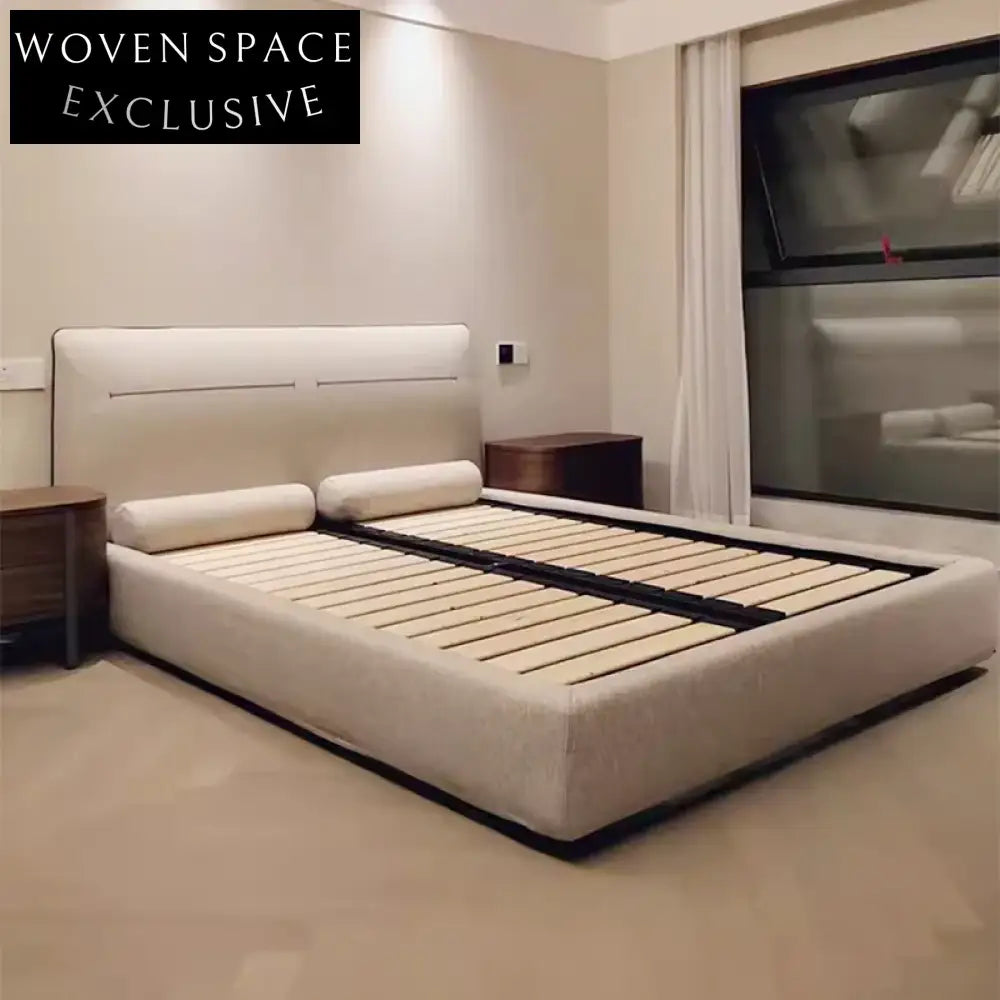 Elegant Natural Solid Wood Fabric Upholstered Queen Size Comfort Bed