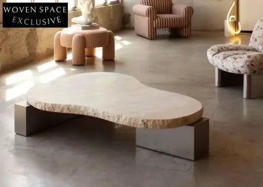 Wabi-Sabi Natural Travertine Coffee Table | Irregular Beige Living Room Accent