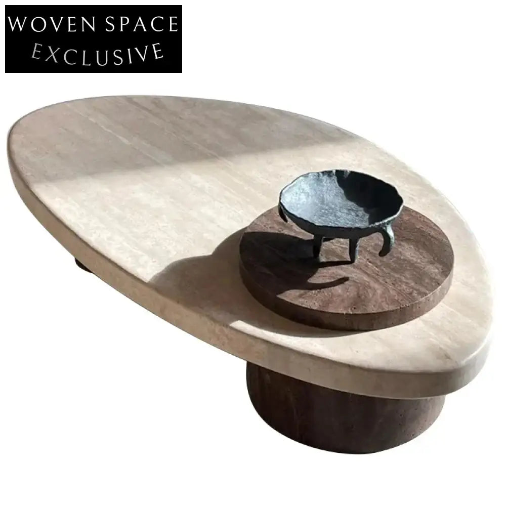 Elegant Natural Travertine Marble Top Solid Wood Base Coffee Table