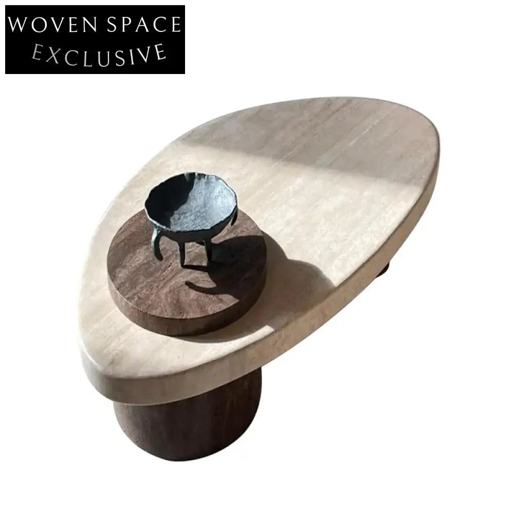 Elegant Natural Travertine Marble Top Solid Wood Base Coffee Table