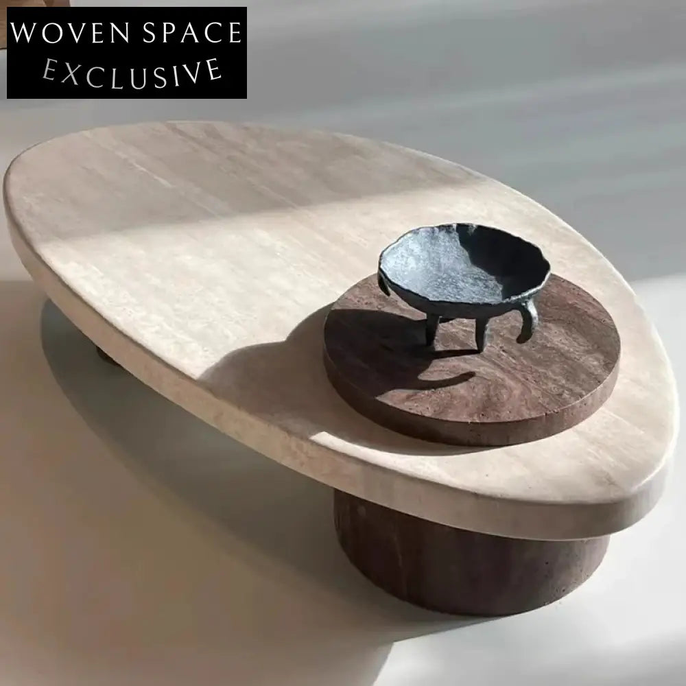 Elegant Natural Travertine Marble Top Solid Wood Base Coffee Table