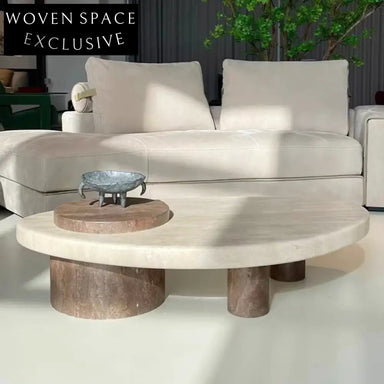 Elegant Natural Travertine Marble Top Solid Wood Base Coffee Table