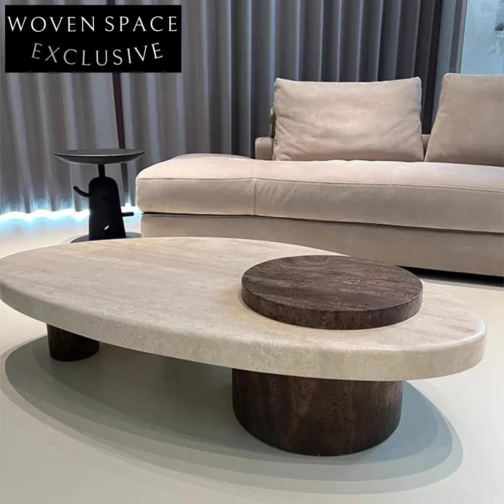 Elegant Natural Travertine Marble Top Solid Wood Base Coffee Table