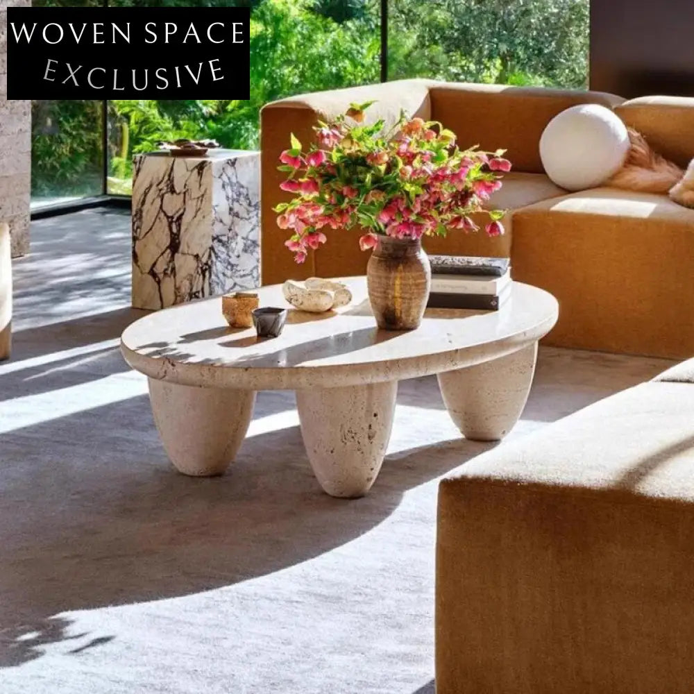 Elegant Natural Travertine Stone Modern Oval Coffee Table for Living Room